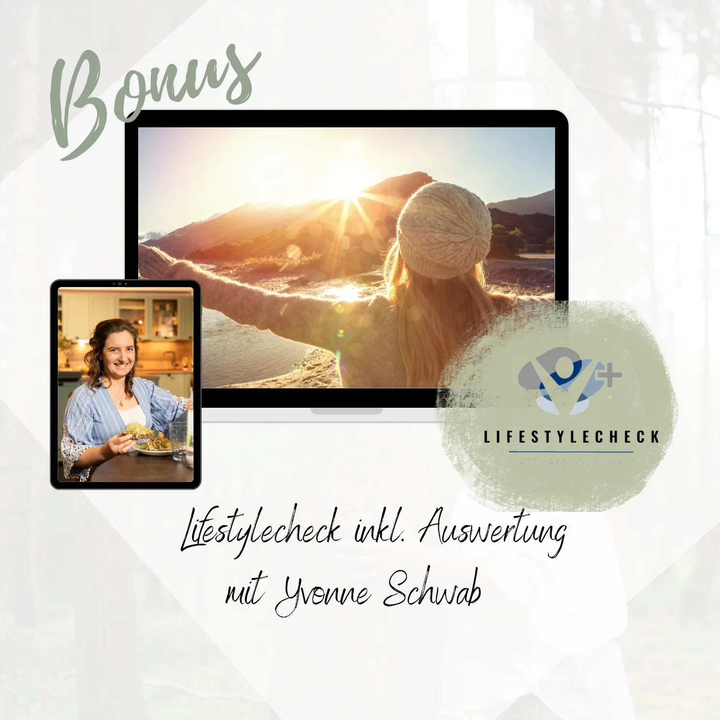 Bonus-Grafik mit Lifestylecheck-Logo, Frau bei Sonnenaufgang in Berglandschaft und Porträt von Yvonne Schwab