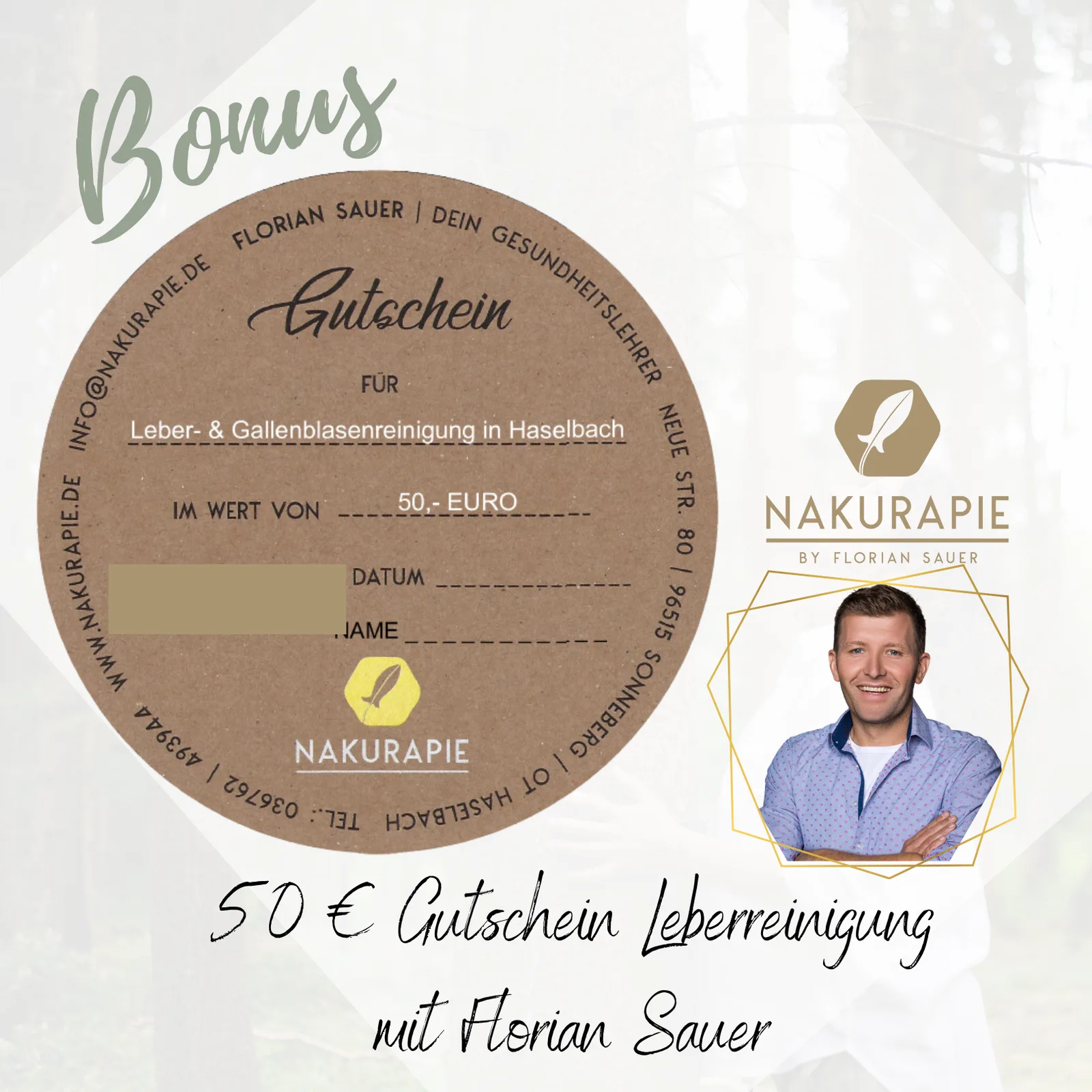 Gutschein-Grafik für 50 Euro Leberreinigung von Florian Sauer mit Nakurapie-Logo und Porträt