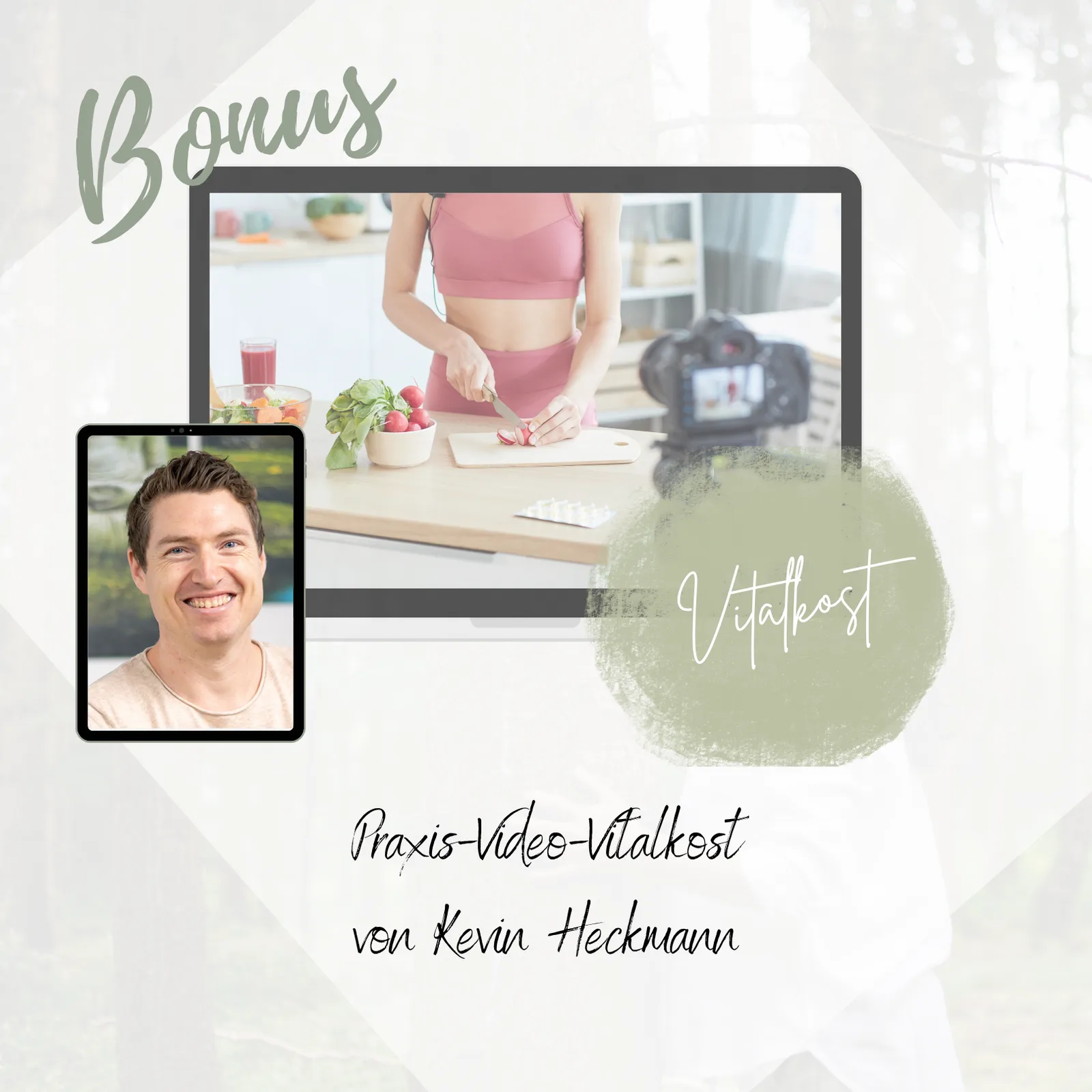 Bonus-Grafik mit Video-Mockup einer Frau beim Zubereiten von Speisen mit Kamera und Porträt von Kevin Heckmann