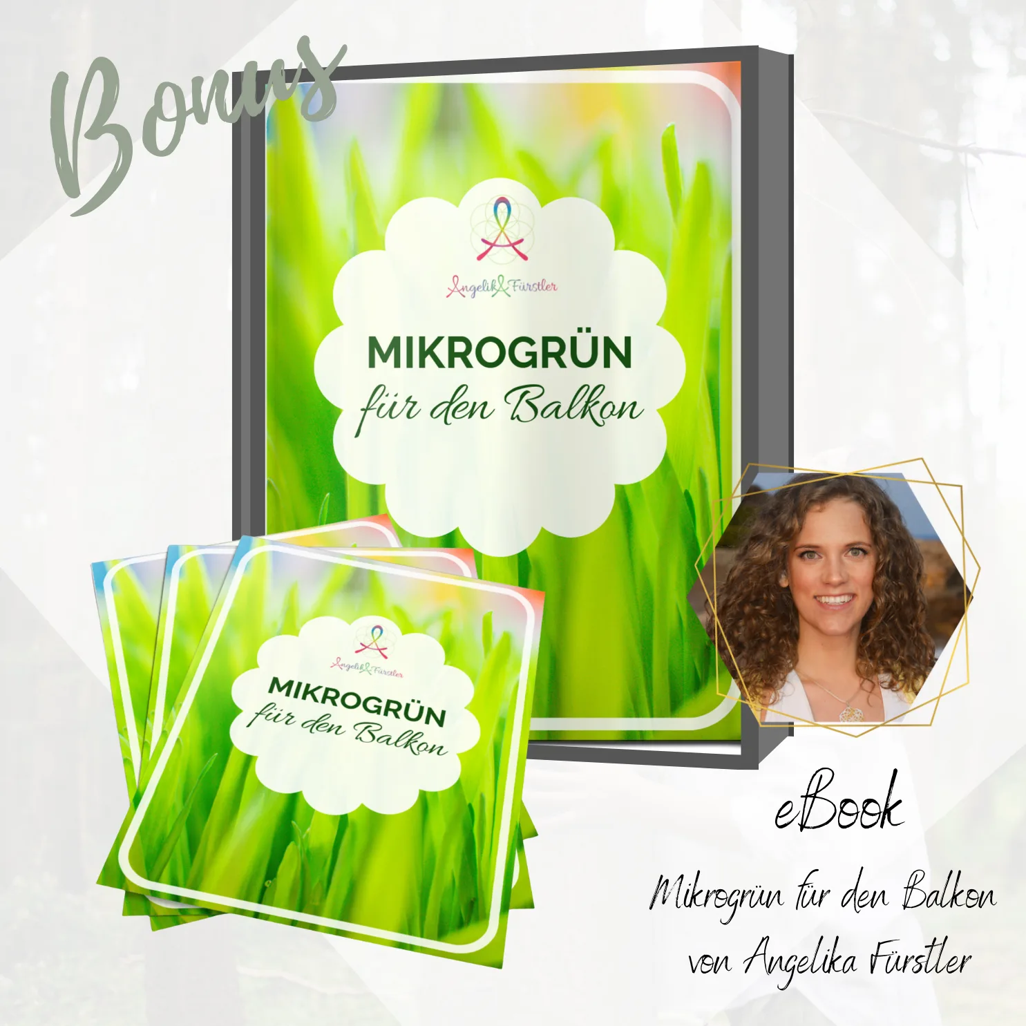 Buchcover und eBook-Mockup Mikrogrün für den Balkon mit grünem Hintergrund, Angelika Fürstler Portrait