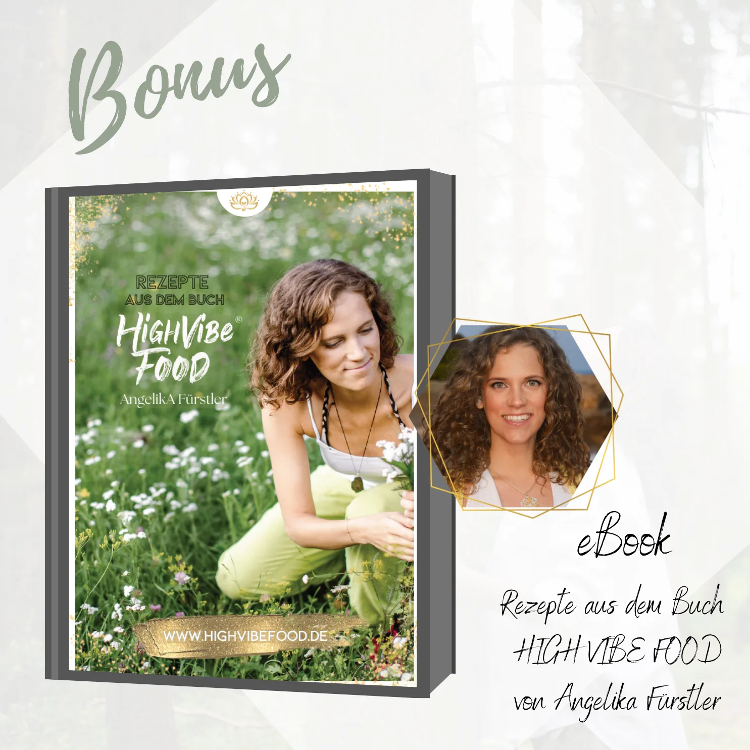 Buchcover High Vibe Food Rezepte mit Frau auf Blumenwiese, eBook-Format, Angelika Fürstler