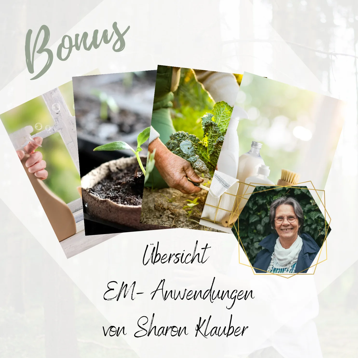 Übersicht EM-Anwendungen mit verschiedenen Bildern von Pflanzen und Produkten, Portrait Sharon Klauber