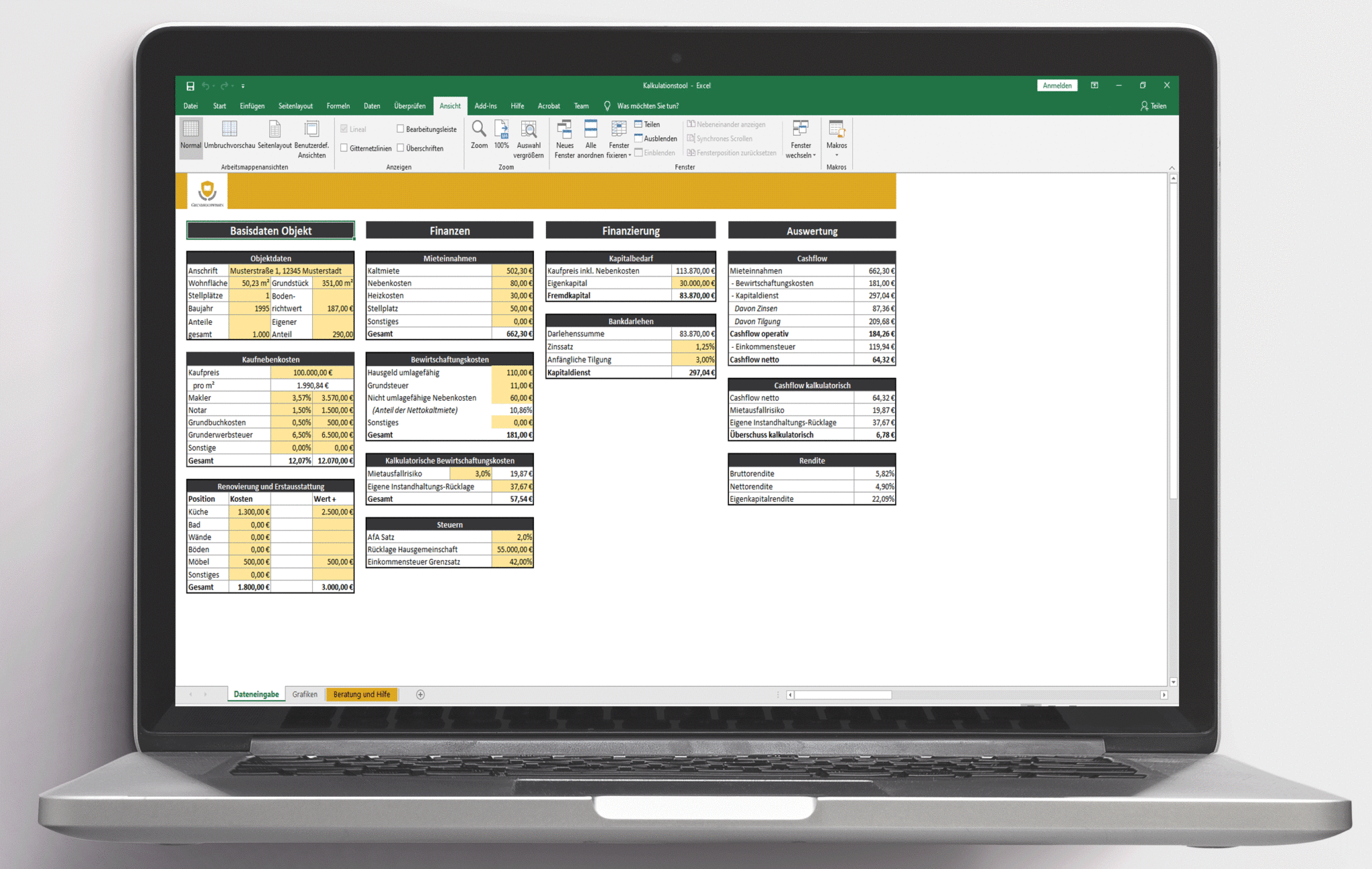 Excel Immobilien Renditerechner mit Basisdaten, Finanzen, Finanzierung und Auswertungstabellen