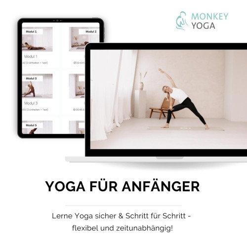 Mockup Yoga-Onlinekurs mit Tablet und Laptop, Monkey Yoga Logo, Kursmodule und Trainerin