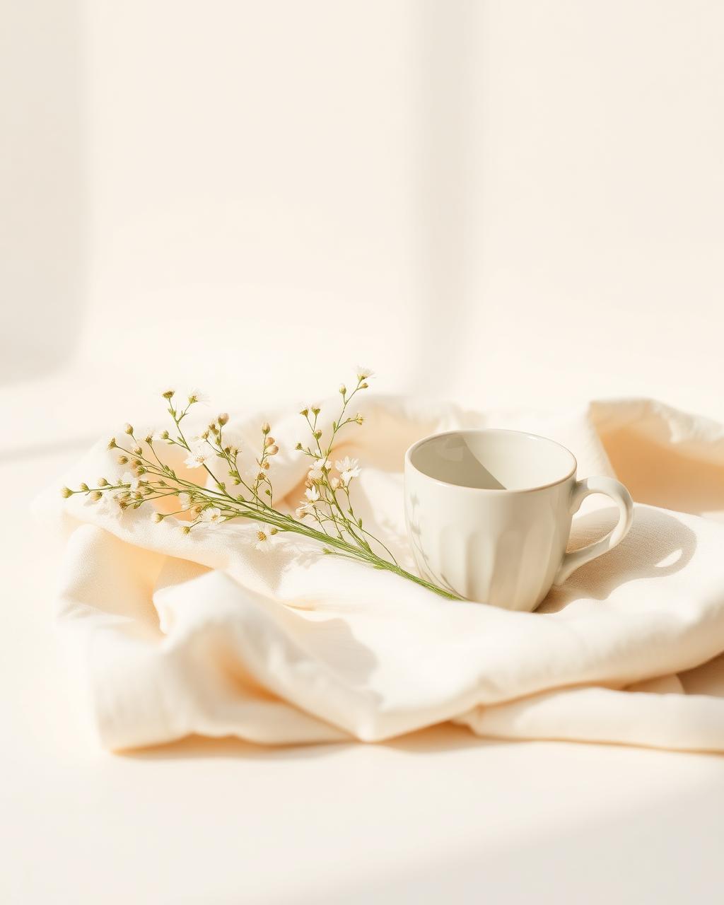 Stillleben mit weißer Tasse, feinen Blüten und Leinenstoff auf hellem Hintergrund