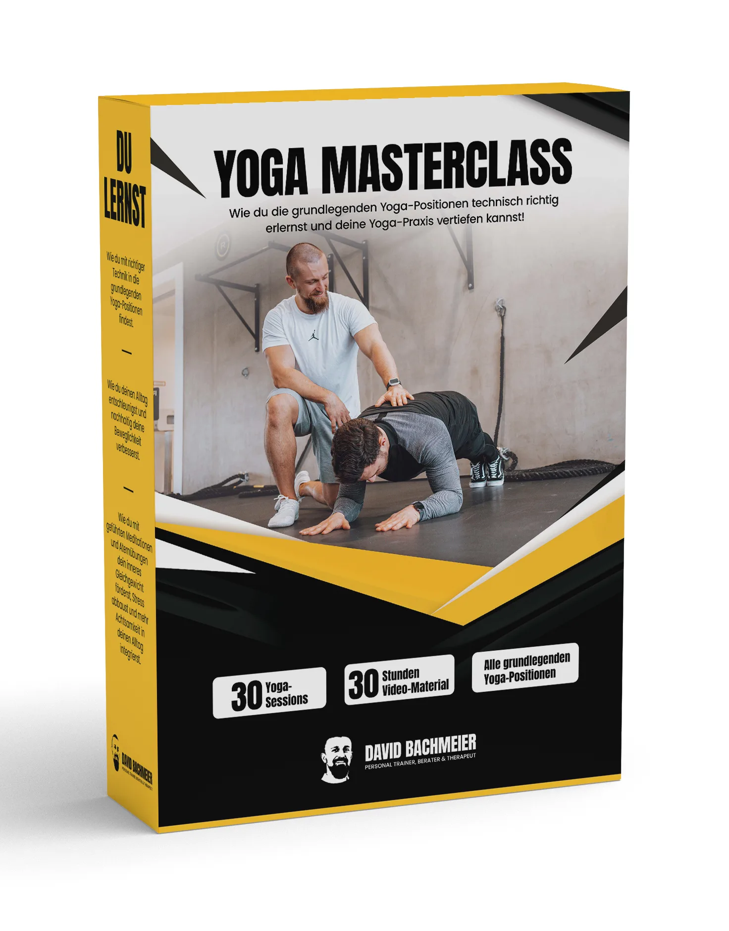 Yoga Masterclass 3D Produktbox mit allen Features und David Bachmeier Branding