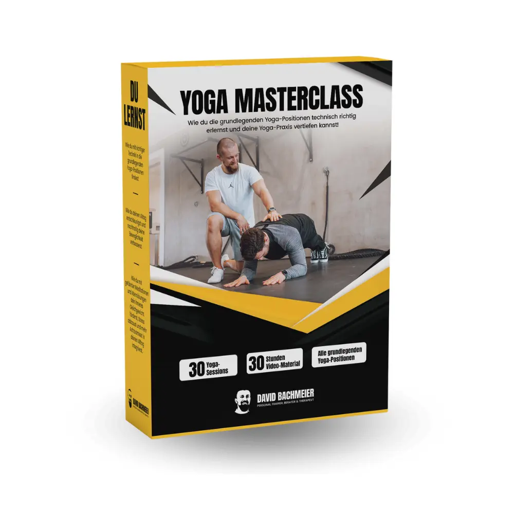 Yoga Masterclass Produktbox von David Bachmeier mit 30 Yoga-Sessions und Video-Material