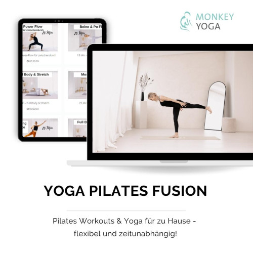 Mockup Yoga Pilates Fusion Online Kurs mit Tablet und Laptop, Monkey Yoga Logo