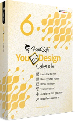 YouDesign Calendar 6 Produktbox mit gelbem Muster und Kalender-Beispielen