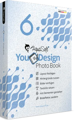 Produktverpackung YouDesign Photo Book 6 mit blauem Wellendesign und Checkliste