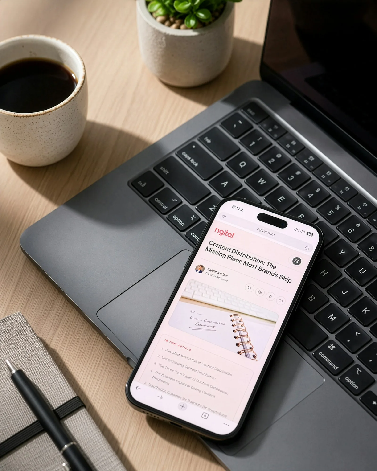Smartphone zeigt Naital-Artikel über Content Distribution neben Laptop, Kaffee und Pflanze