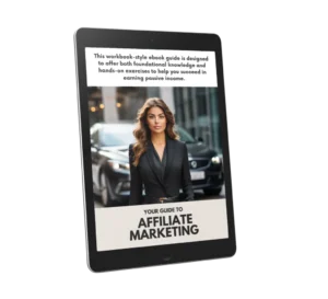 E-Book-Mockup auf Tablet: Your Guide to Affiliate Marketing Workbook mit Frau in schwarzem Blazer