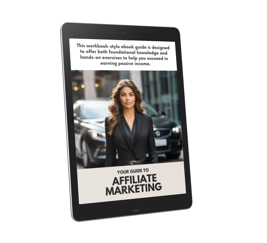 E-Book-Mockup auf Tablet: Your Guide to Affiliate Marketing Workbook mit Frau in schwarzem Blazer