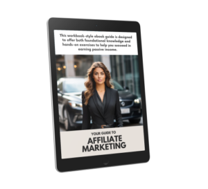 E-Book-Cover Your Guide to Affiliate Marketing auf Tablet-Mockup mit professioneller Frau