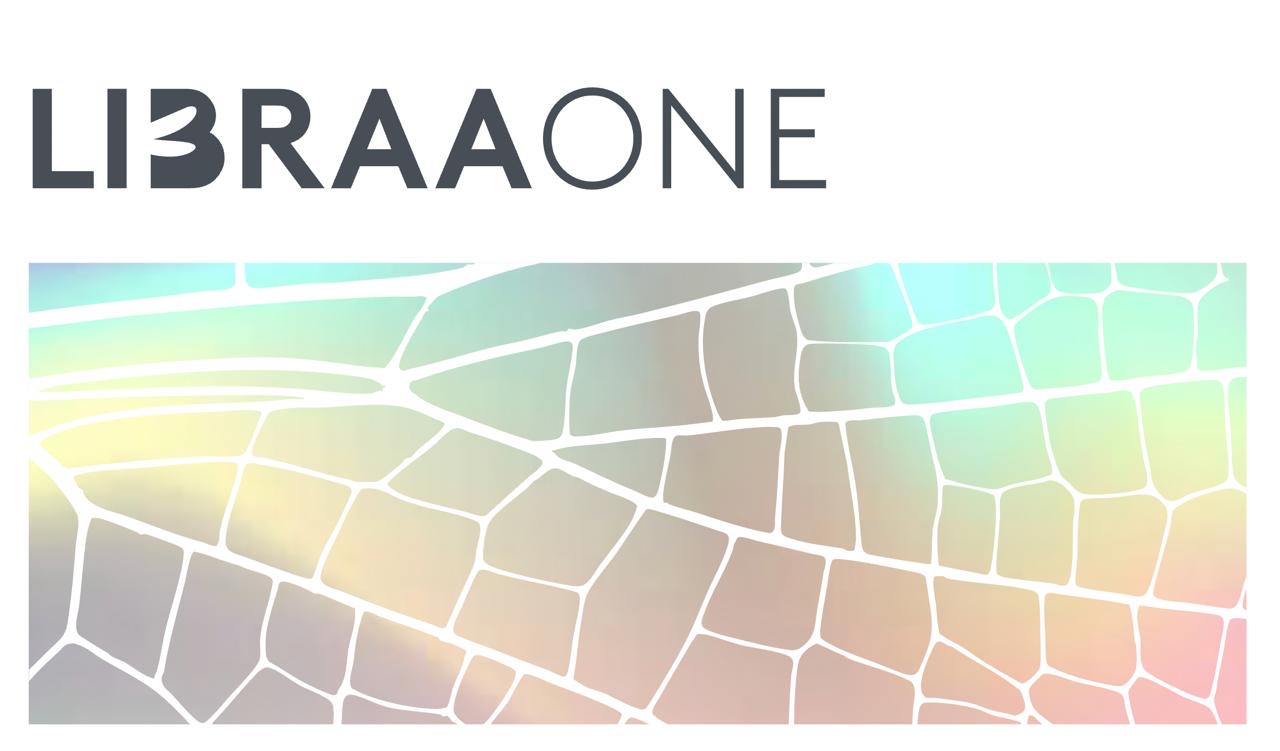 Libraone Logo mit abstraktem geometrischem Mosaik-Hintergrund in Türkis, Gelb und Beige