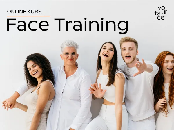 Hero-Banner für YourFace Online Kurs Face Training mit fünf lächelnden Personen in weißer Kleidung