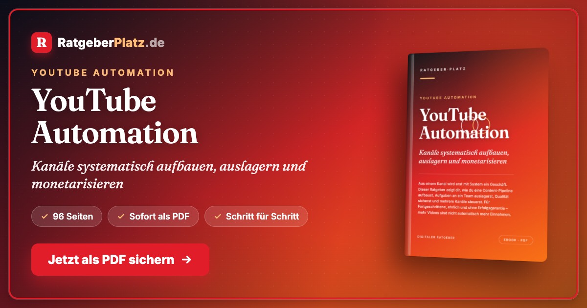 Hero-Banner YouTube Automation mit RatgeberPlatz Logo, Buchtitel und Call-to-Action Button
