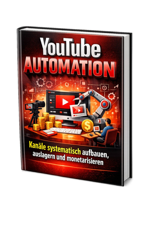 Mockup YouTube Automation Buch mit Automation-Symbolen, Kamera und Geldmotiven auf rotem Hintergrund