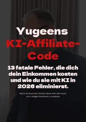 Hero-Banner mit Mann vor Vorhang, Yugeen KI-Affiliate-Code mit Text zu 13 Fehlern