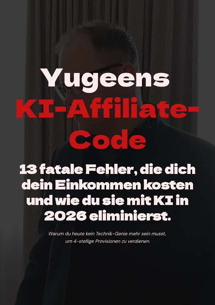Hero-Banner mit Mann vor Vorhang, Yugeen KI-Affiliate-Code mit Text zu 13 Fehlern