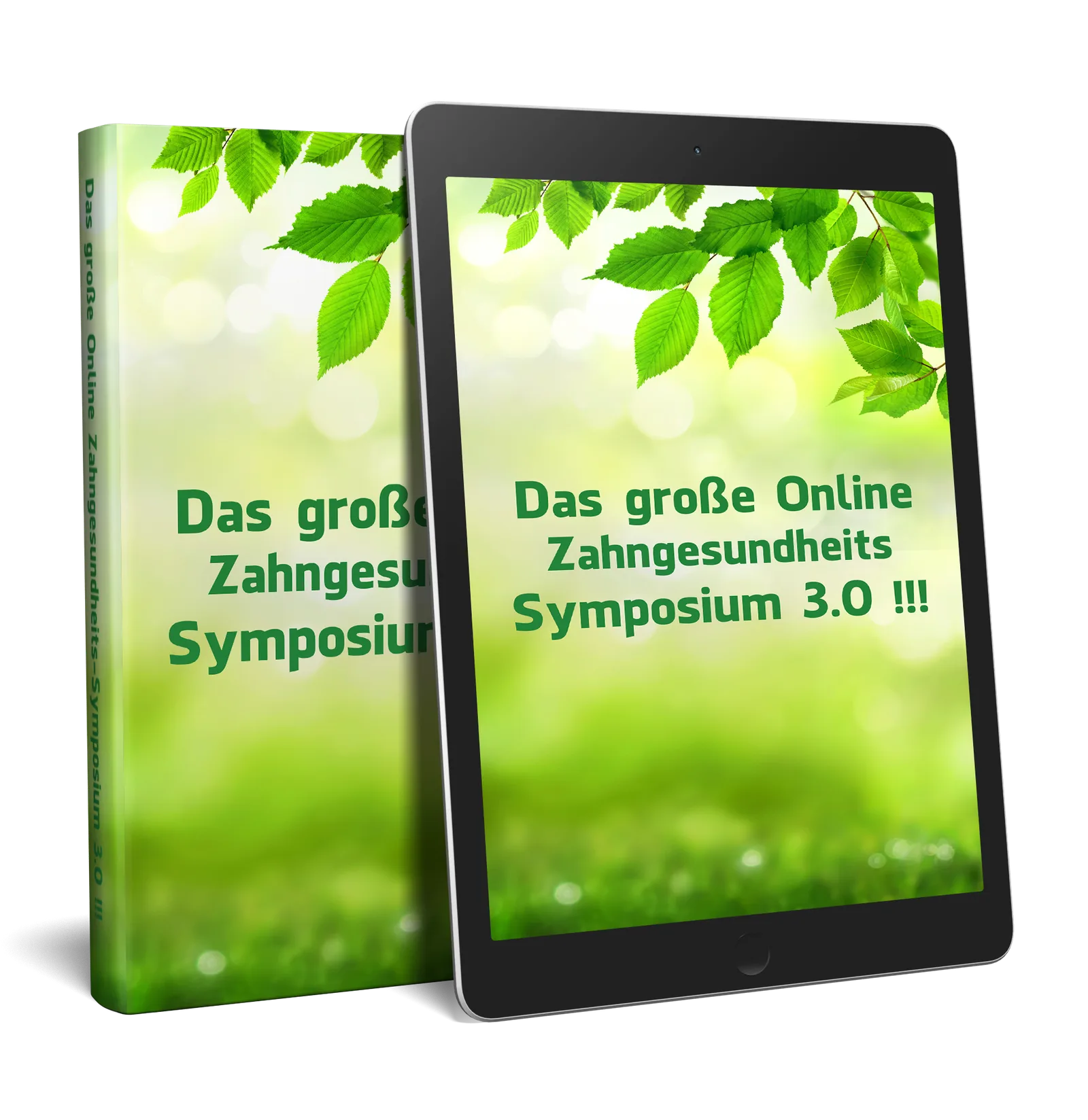 Mockup großes Online Zahngesundheitssymposium 3.0 mit Tablet und Buch Präsentation