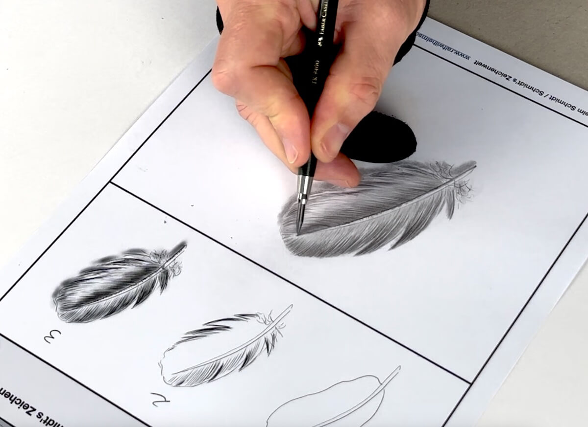Nahaufnahme Hand zeichnet Federn mit Feder und Tinte