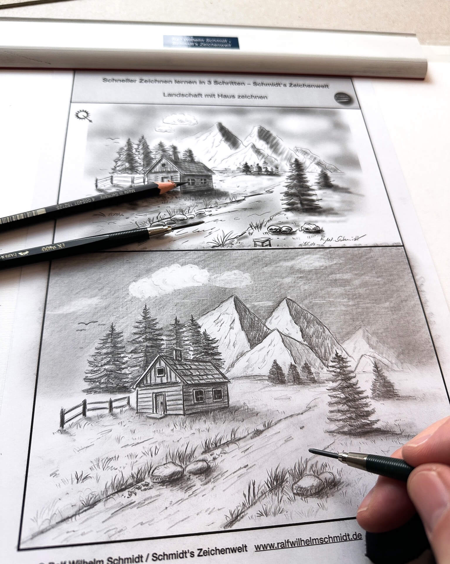 Unterrichtsmaterial mit Zeichnungen einer Landschaft mit Hütte und Bergen