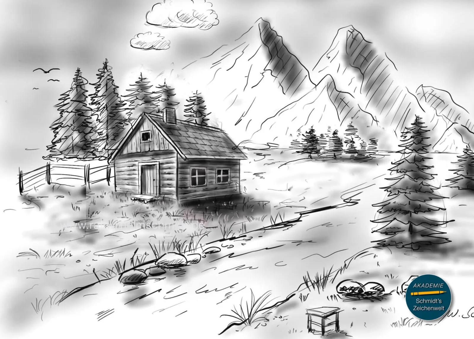 Bleistiftzeichnung einer Berglandschaft mit Berghütte, Bäumen und Bach