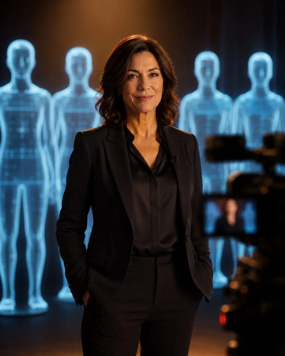 Geschäftsfrau in schwarzem Blazer vor digitalen Hologrammen von Personen, professionelle Präsentation