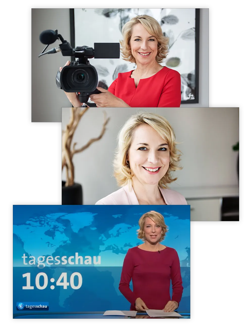Collage: Moderatorin mit Videokamera, Porträt, Nachrichtensendung Tagesschau, berufliche Beispiele