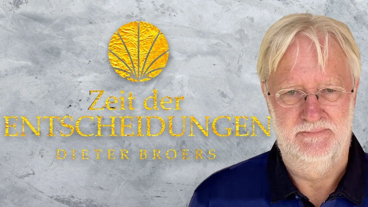 Dieter Broers Portrait neben Logo "Zeit der Entscheidungen" mit strahlenförmigem Symbol