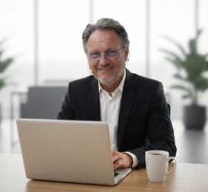 Heinz G. Bader, Bewerbercoach, sitzt am Schreibtisch vor Laptop mit Kaffeetasse