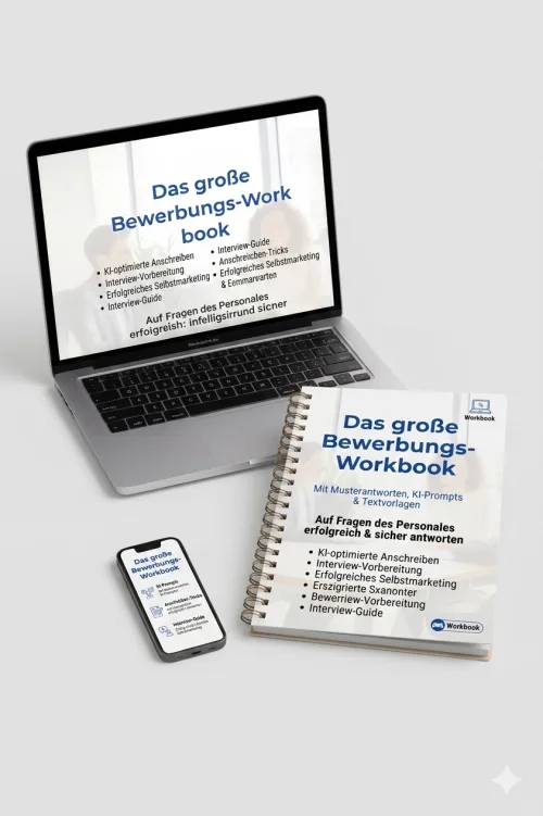Mockup des Bewerbungspakets mit Laptop, Workbook und Smartphone zeigt Das große Bewerbungs-Workbook