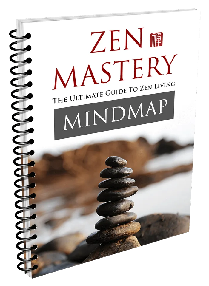 Zen Mastery Mindmap Spiralbuch mit gestapelten Steinen und Zen-Fotografie