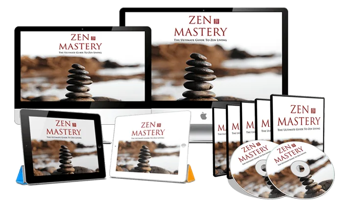 Zen Mastery PRO Bundle auf verschiedenen Geräten: Desktop, Tablet, Smartphone, DVDs und Lernmaterialien
