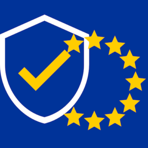 Zencaptcha Schutzschild mit Häkchen und EU-Sternen auf blauem Hintergrund