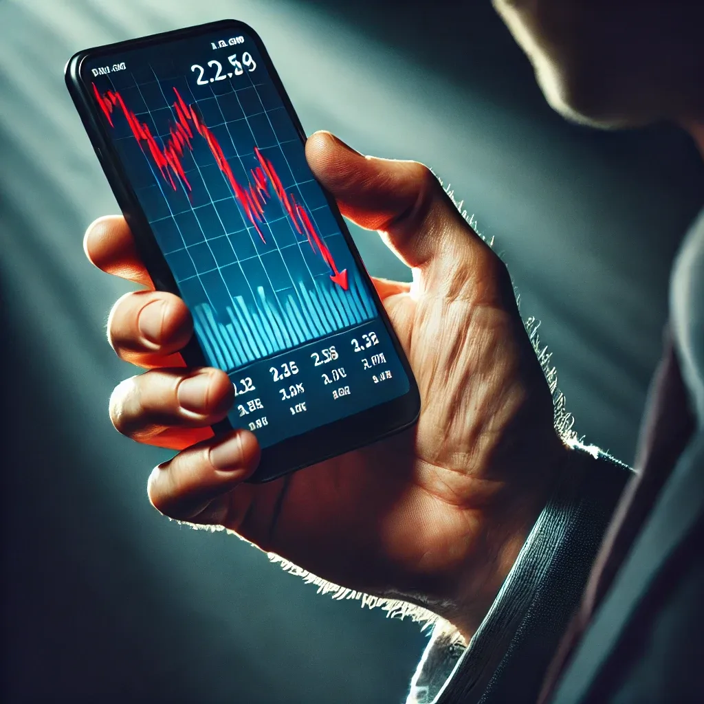 Hand hält Smartphone mit Börsen-App, rotes Kurschart-Diagramm und Kursangaben