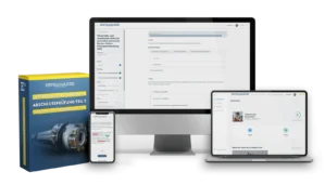 Zerspanungsmechaniker AP2 Kursmaterialien auf verschiedenen Geräten: Smartphone, Laptop und Tablet mit Kurs-Interface