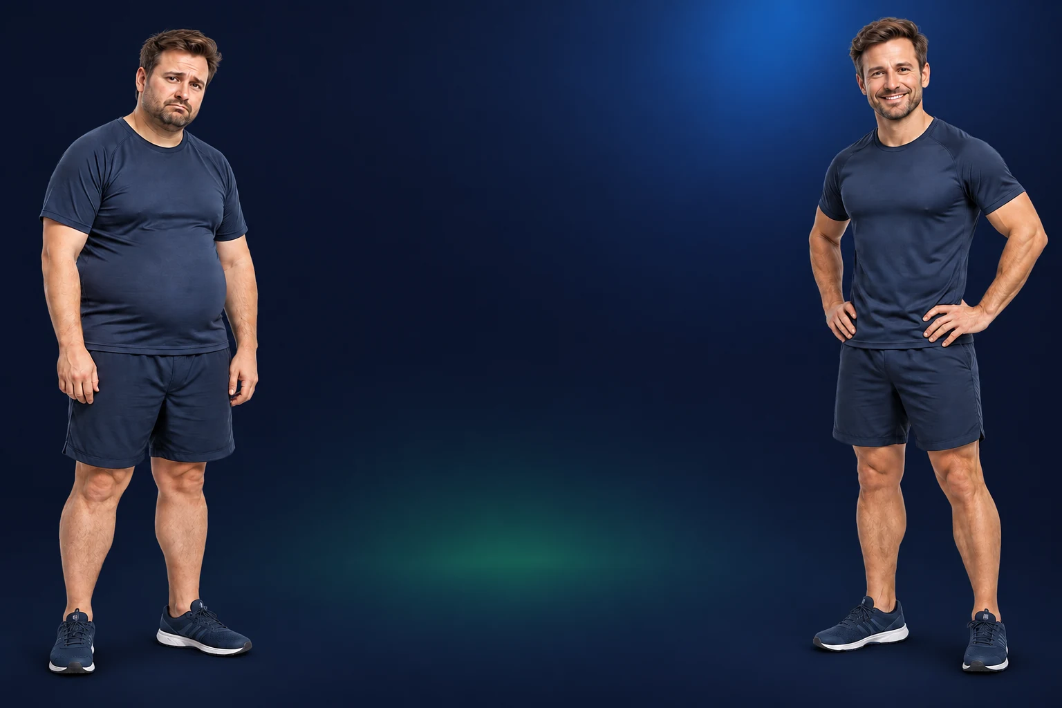 Derselbe Mann vor und nach einer realistischen Fitness- und Ernährungstransformation