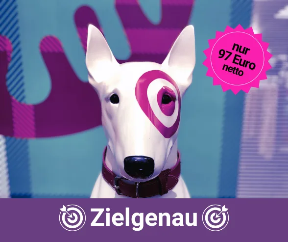 Zielgenau Videokurs: Weißer Bullterrier mit pinken Zielscheiben-Augen vor blauem Hintergrund, Preis 97 Euro