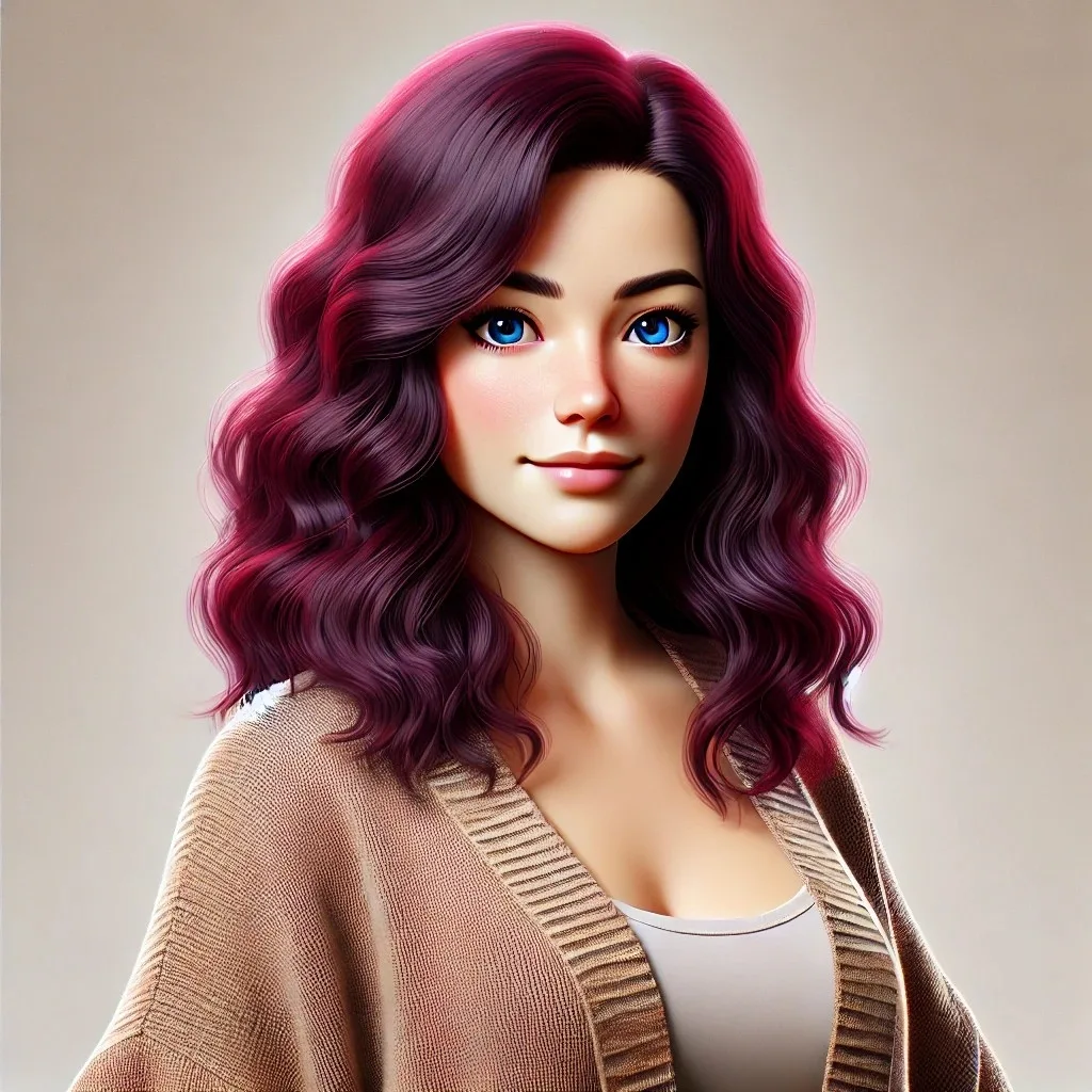 Digitale Illustration: Frau mit rosa-violettem Haar und blauen Augen