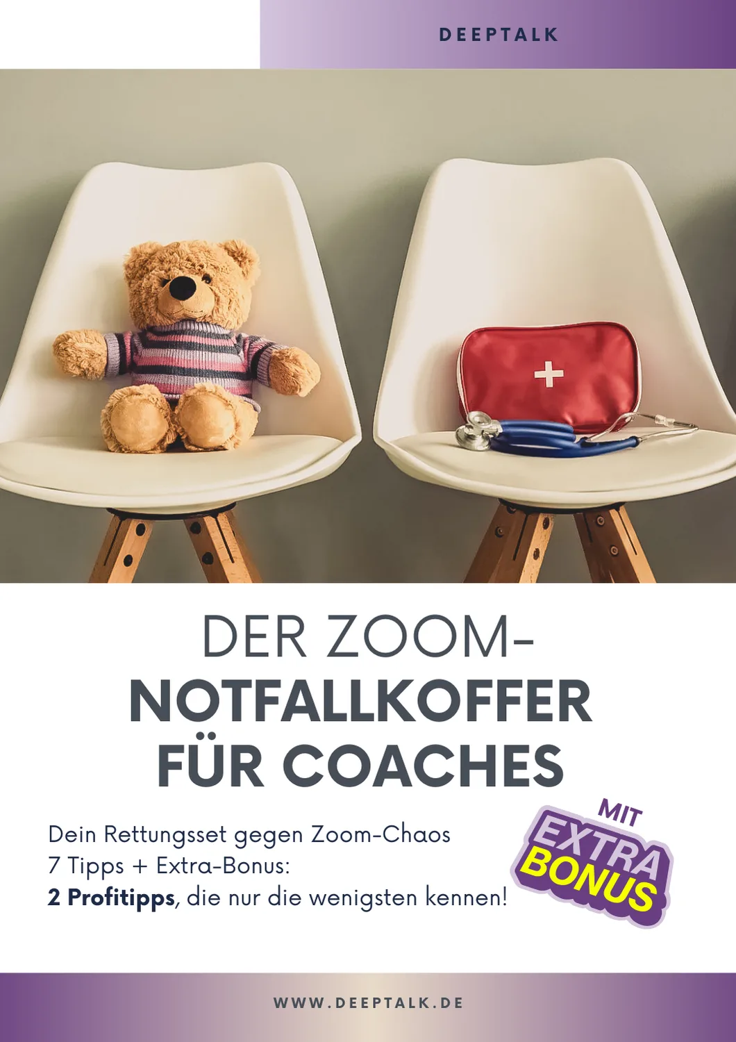 Cover: Deeptalk Zoom-Notfallkoffer für Coaches mit Teddybär und Notfallset auf Stühlen