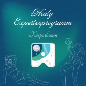 Galerie-Bild ZIRB Zirbeldrüse Harmony mit Healy-Gerät, weißer Schrift auf Tealhintergrund und Frauenillustrationen