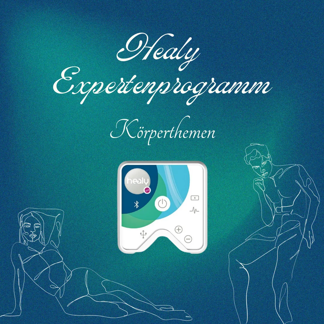 Galerie-Bild ZIRB Zirbeldrüse Harmony mit Healy-Gerät, weißer Schrift auf Tealhintergrund und Frauenillustrationen