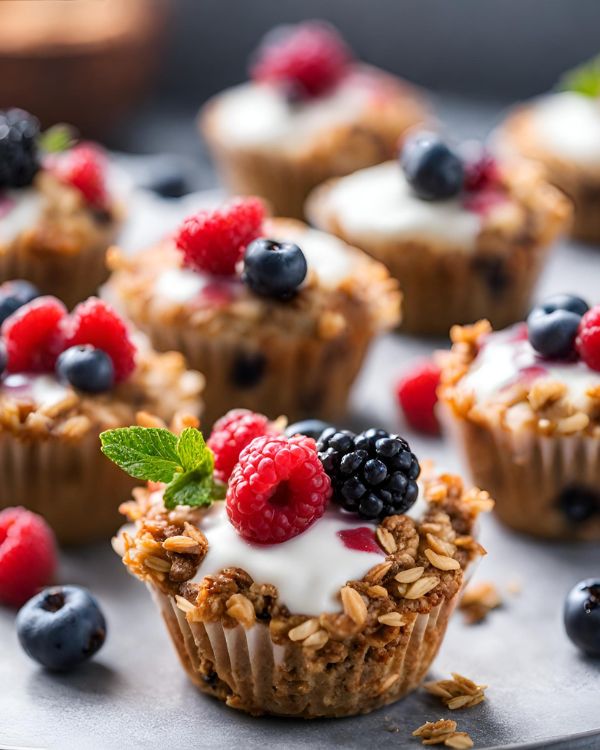 Zuckerfreie Rezepte – Kochbuch mit Dattelsüße 3 Zuckerfreie Muffins mit Beeren und Joghurt-Topping, Nahaufnahme mit Himbeeren und Blaubeeren