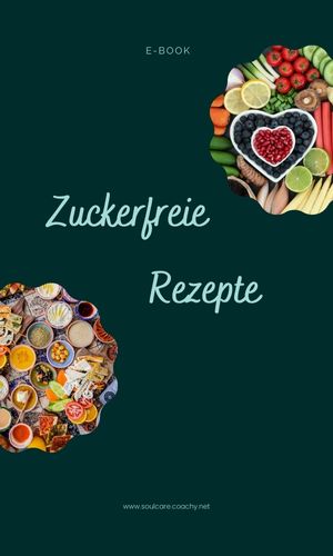 Zuckerfreie Rezepte – Kochbuch mit Dattelsüße 2 E-Book Cover Zuckerfreie Rezepte mit Gemüse und Früchten in Herzform auf dunkelgrünem Hintergrund