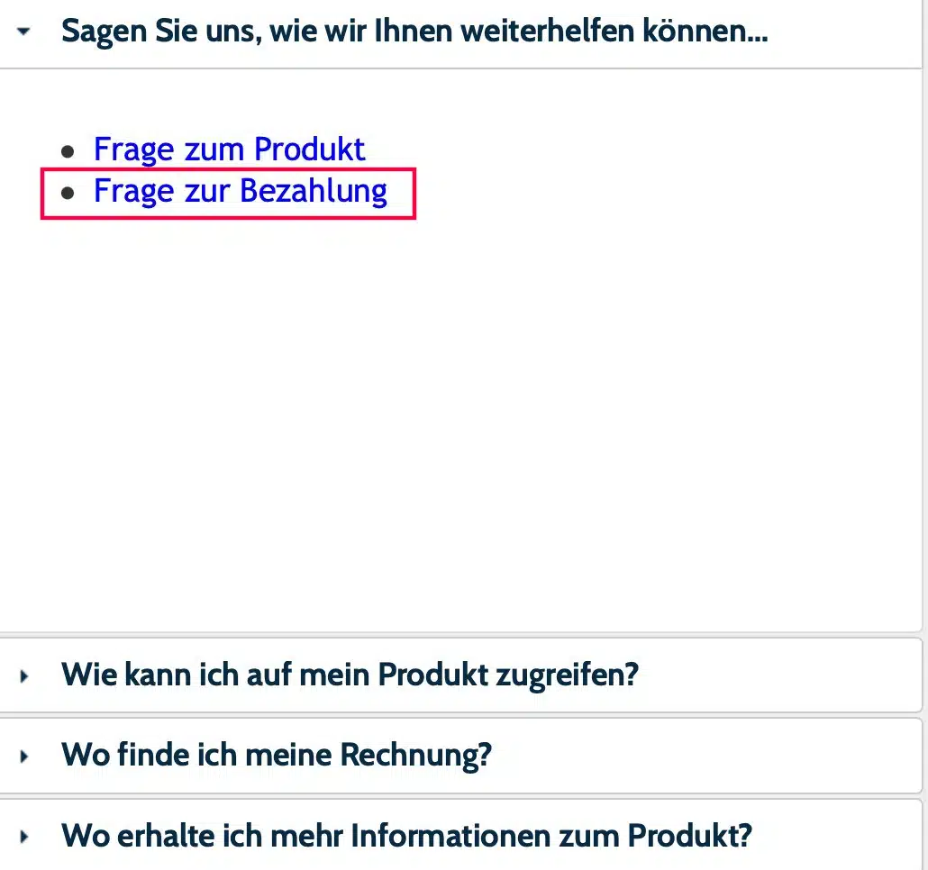 Screenshot eines FAQs mit Supportoptionen und Fragen