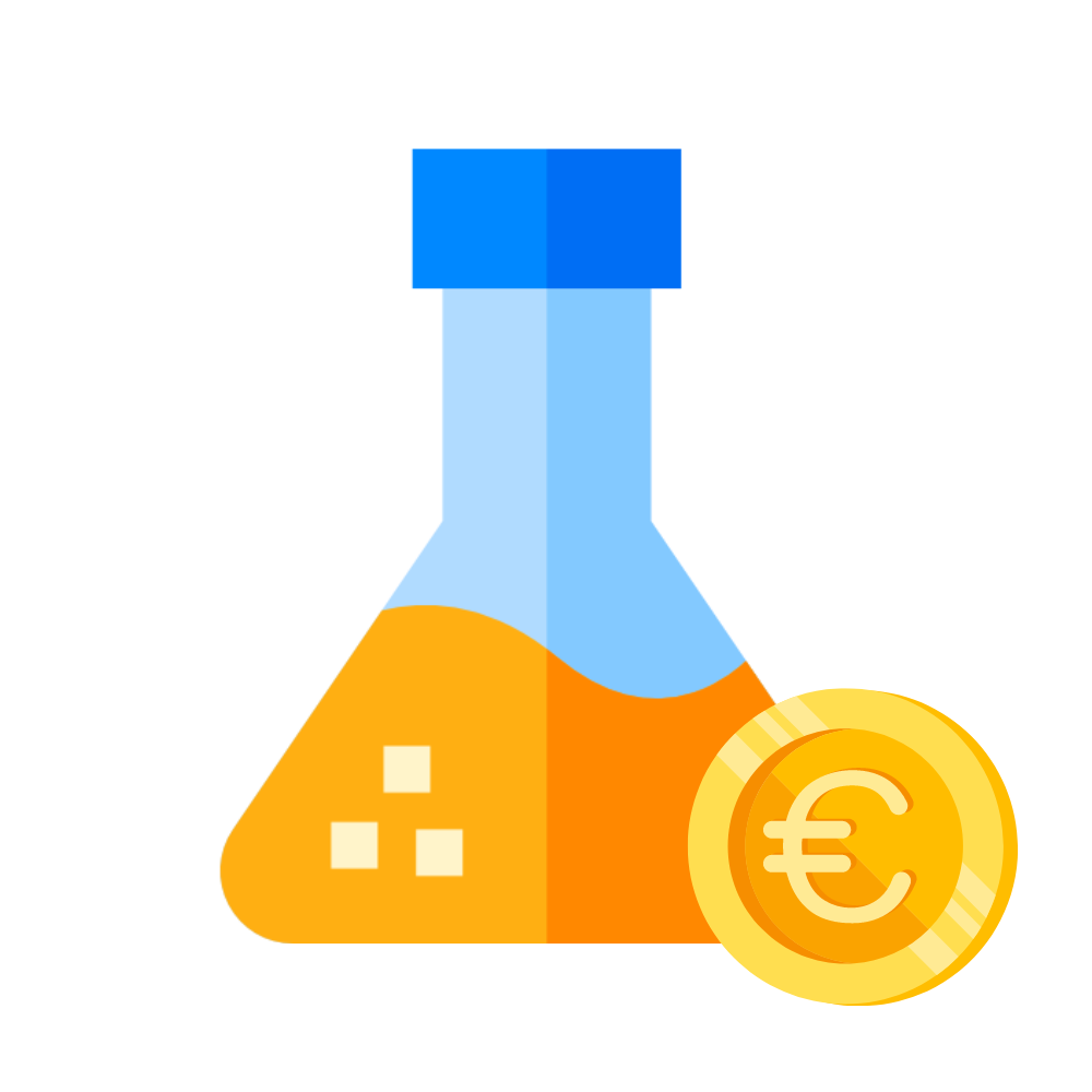 Illustration eines Laborgefäßes mit Euro-Münze und chemischen Elementen