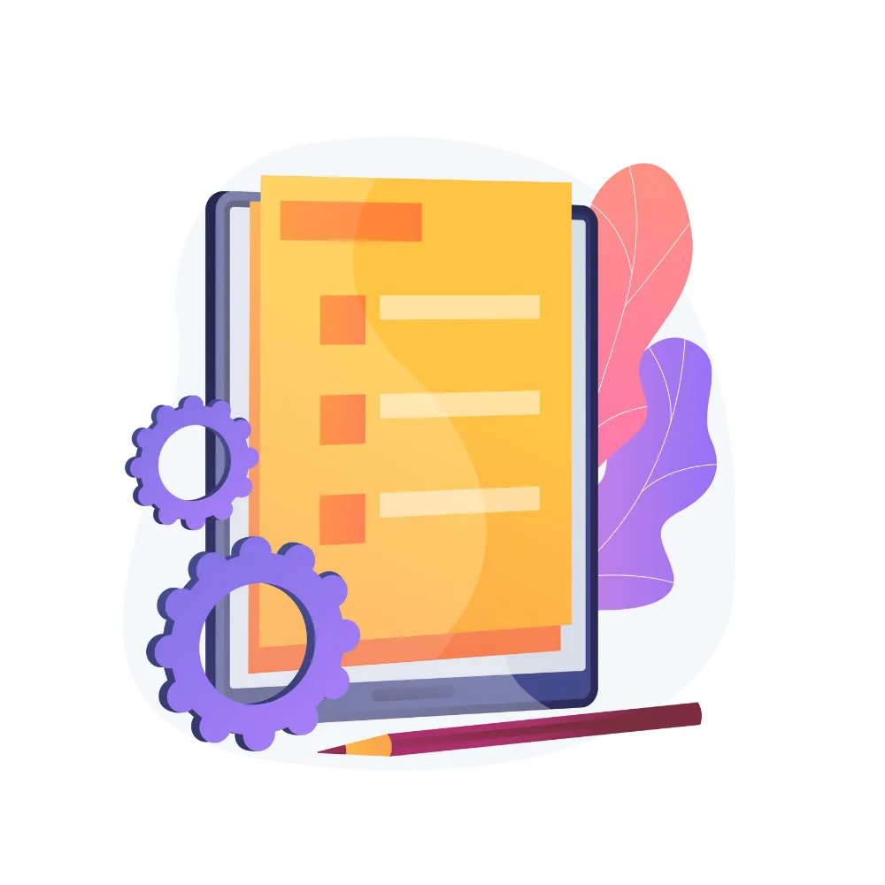 Illustration eines Tablets mit Checklisten-Symbol, Zahnrädern und dekorativen Pflanzen