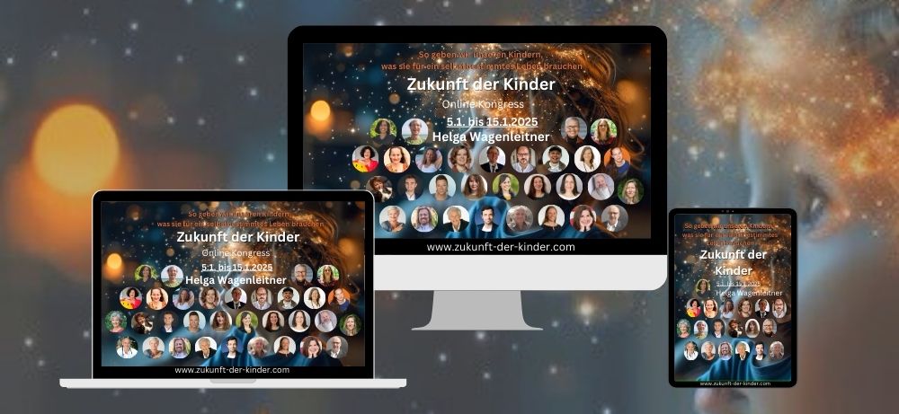 Mockup des Online-Kongresses Zukunft der Kinder auf drei Devices mit Kongressteam